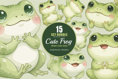 15 Bundle Watercolor Cute Frog Baby Fat Frog Green Animal Product Image 1