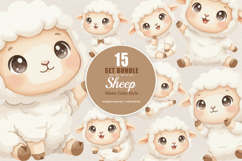 15 Bundle Watercolor Chibi Sheep Cute Farm Baby Lamb Kids Product Image 1