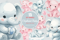 15 Bundle Watercolor Elephant Baby Blue and Pink Fun Animal Product Image 1