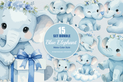 15 Bundle Watercolor Blue Elephant Big Fun Animal Wildlife Product Image 1