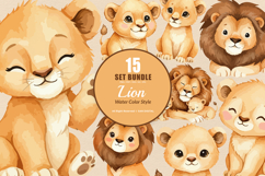 15 Bundle Watercolor Cute Lion Family Happy King Jungle Product Image 1