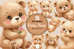 15 Bundle Watercolor Baby Bear Brown Wild Grizzly Forest Product Image 1