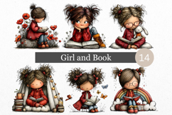 Girl With Book, Reading Clipart, Whimsical Product Image 1