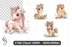 Cute Baby Horse with Flowers Watercolor Clipart Product Image 1