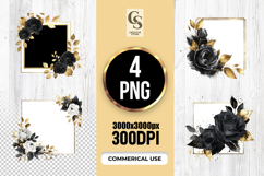Black Gold Rose Floral Frame Clipart Sublimation PNG Product Image 1