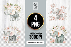 Baby Elephant Watercolor Floral Clipart Sublimation PNG Product Image 1