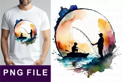 Dad and Son Fishing PNG Watercolor, Fathers Day Shirt Design Product Image 1