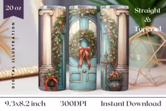 Watercolor Christmas Door Tumbler Wrap Sublimation Product Image 1