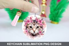 Cat Flowers Keychain Sublimation , Round Keychain PNG Product Image 1