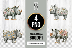 Floral Rhino Watercolor Illustration Clipart Sublimation PNG Product Image 1