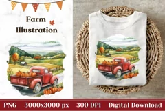 Red Farm Truck Illustration, Watercolor Pumpkins Sublimation Product Image 1