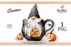 Watercolor Halloween gnome in tea mug, Gnome PNG Product Image 1