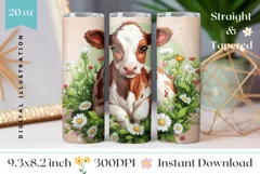 Cute Cow Tumbler Design, Chamomile Tumbler Sublimation Product Image 1