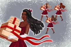 African American Christmas girl with gift clipart PNG Product Image 6