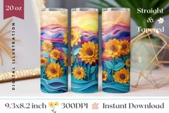 3D Flowers Tumbler Template, Paper Sunflowers Tumbler Design Product Image 1