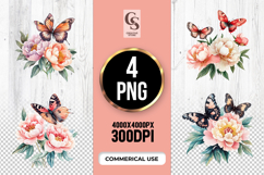 Butterfly Peony Watercolor Clipart Sublimation PNG Product Image 1