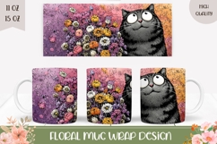Funny Cat Mug Wrap, Flowers Mug Template, Grey Cat Mug Print Product Image 1