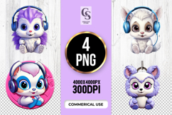 Cute Baby Animals With Headphones Clipart Sublimation PNG Product Image 1