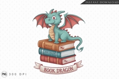 Cute Book Dragon On Stack Of Books Sublimation PNG Product Image 1