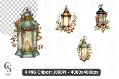 Vintage Lantern with Flowers Candle Clipart Sublimation PNG Product Image 1