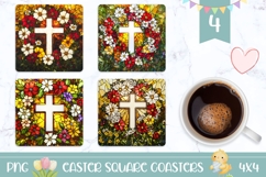 Stained Glass Cross PNG, Floral Easter Cross Coaster Designs Product Image 1