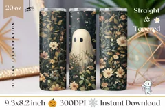 Cartoon Ghost Tumbler Wrap, Floral Halloween Tumbler Design Product Image 1