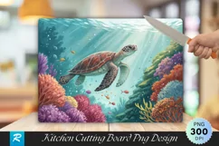 Sea Turtle Swimming Coral and Flowers Cutting Board PNG Product Image 1