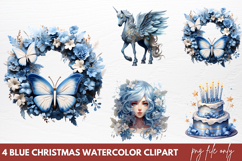 Blue Christmas Watercolor clipart PNG Product Image 1