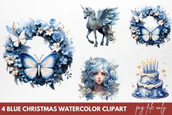 Blue Christmas Watercolor clipart PNG Product Image 1