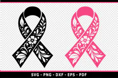 Floral Flower Cancer Awareness Ribbon SVG, breast cancer SVG Product Image 1
