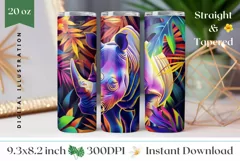 Rhinoceros Tumbler Wrap, Tropical Leaves Sublimation Design Product Image 1