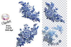 Blue Toile, Ephemera, PNG, Clipart, Junk Journal, flowers Product Image 1