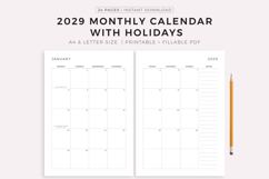 2029 Monthly Calendar with Holidays on 2 Pages, Printable Product Image 1