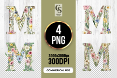 Floral Letter M Watercolor Alphabet Clipart Sublimation PNG Product Image 1