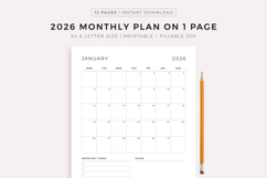 2026 Monthly Planner on One Page, Printable, A4/Letter Size Product Image 1