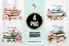 Rose Teacup and Books Clipart Sublimation PNG Product Image 1