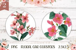 Pink Flowers Car Coasters, Summer Round Coaster Sublimation Product Image 1