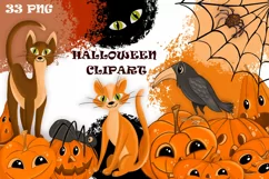 Halloween pumpkin head, cats, spiders and raven clipart Product Image 1