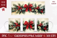 Christmas Holly Mug Wrap Design, Red Ribbon Mug PNG Product Image 1