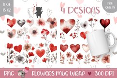 Watercolor Hearts Mug Designs, Watercolor Flowers Mug PNG Product Image 1