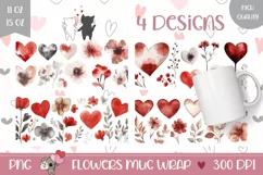 Watercolor Hearts Mug Designs, Watercolor Flowers Mug PNG Product Image 1