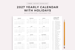 2027 Year Calendar with Holidays, Landscape, Printable Product Image 1