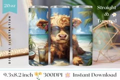 Summer Cow Tumbler Wrap Design, Summer Animals Tumbler PNG Product Image 1