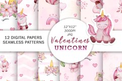 Unicorn Valentines Watercolor digital paper pack Product Image 1