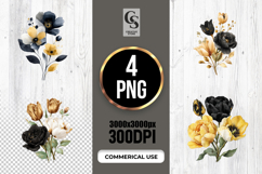 Black Gold Watercolor Flowers Clipart Sublimation PNG Product Image 1