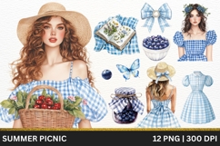 Blue Gingham Picnic Girls Clipart Summer Fashion Watercolor Product Image 1