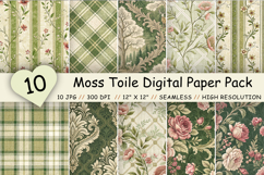 Moss Toile Digital Paper Pack, Vintage Floral Toile, Gingham Product Image 1