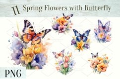 Digital set of 11 watercolor flowers with Butterfly PNG Product Image 1