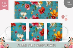 Blue Mug Wrap Design, Flowers Mug Sublimation Product Image 1