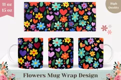 Cartoon Flowers Mug Wrap Design, Love Hearts Mug Template Product Image 1